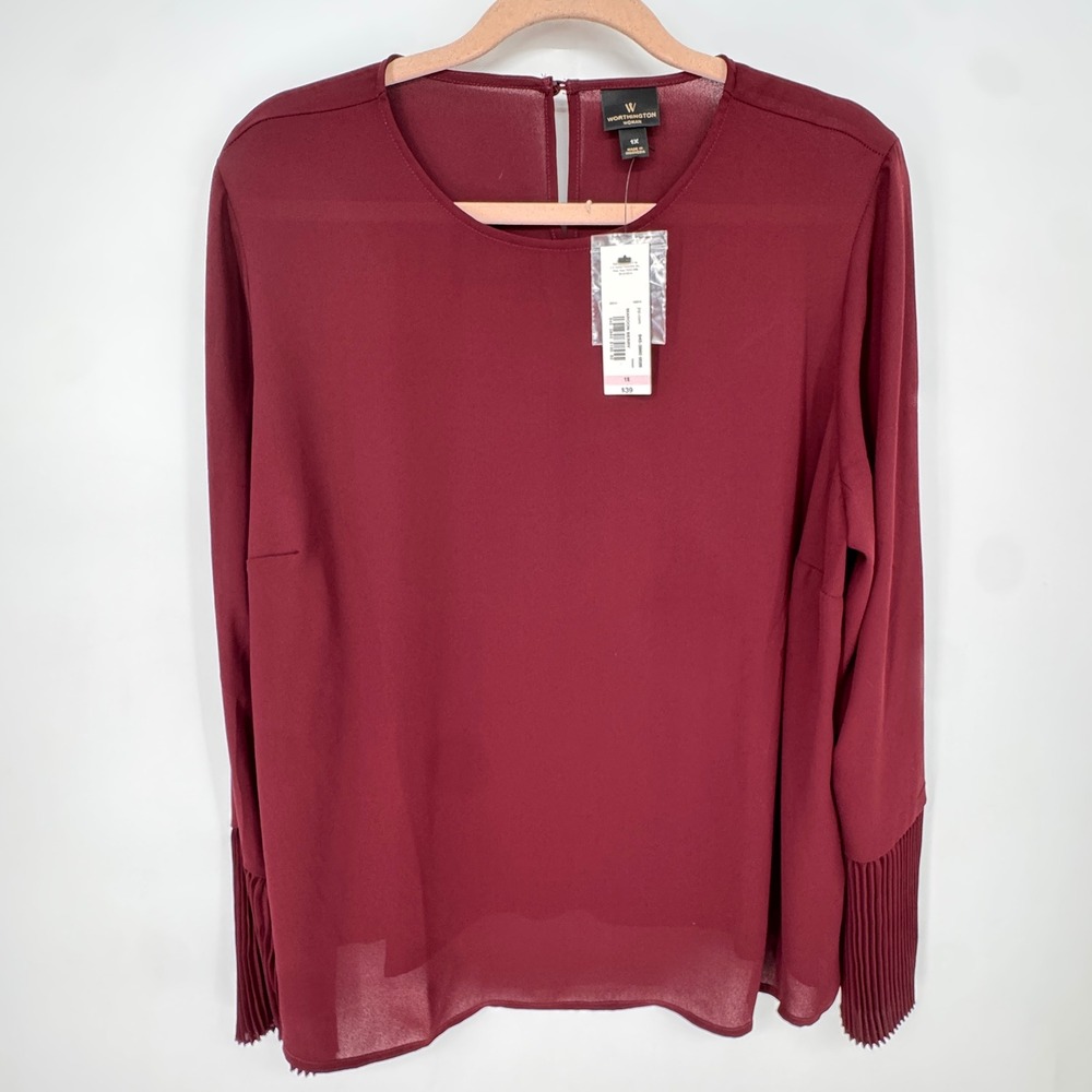 Worthington Blouse Women 1X Maroon Berry New Pleated Cuff Long Sleeve Keyhole